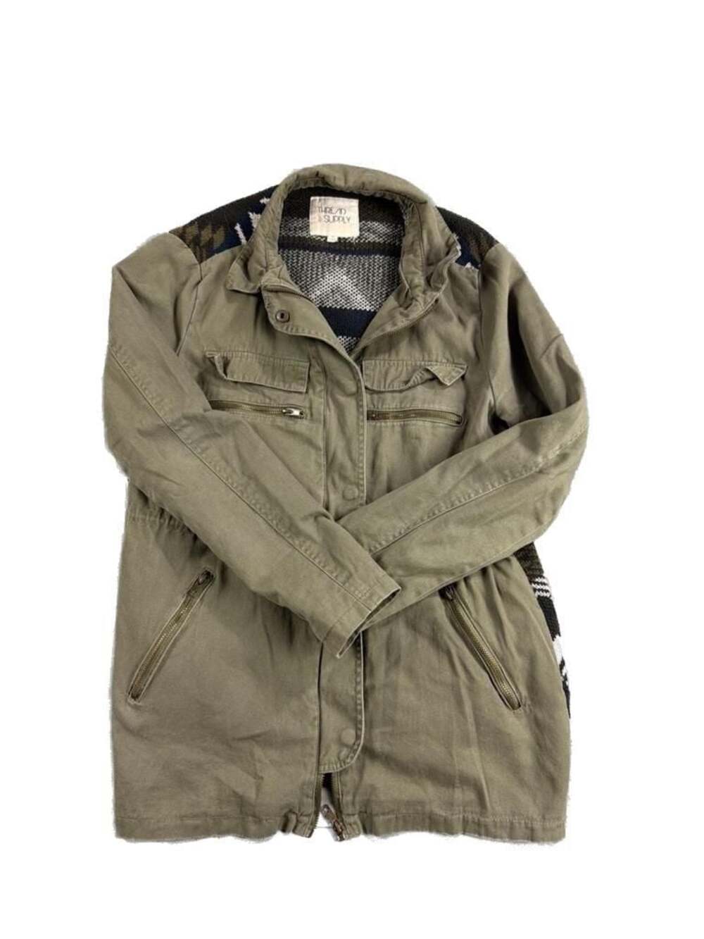 Thread & Supply Olive Green Utility Jacket with Aztec Knit Back Size M